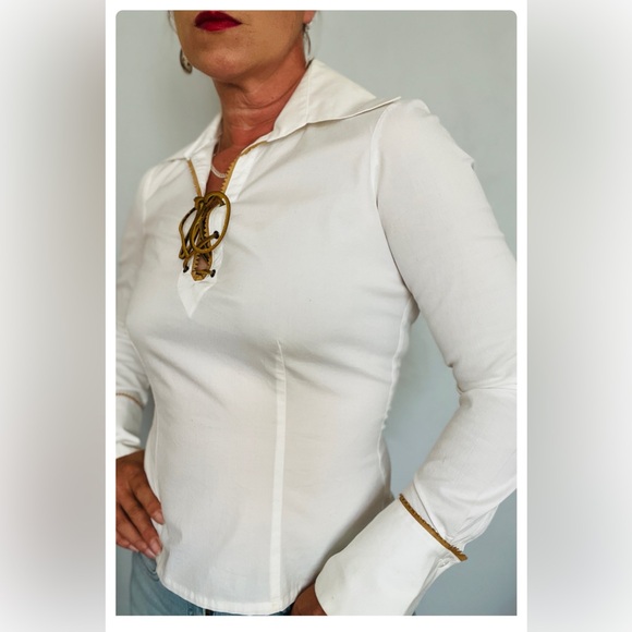 Vintage Cache Y2K Jacobite White Long  Sleeve Wide Collared Shirt Sz S - Picture 5 of 9